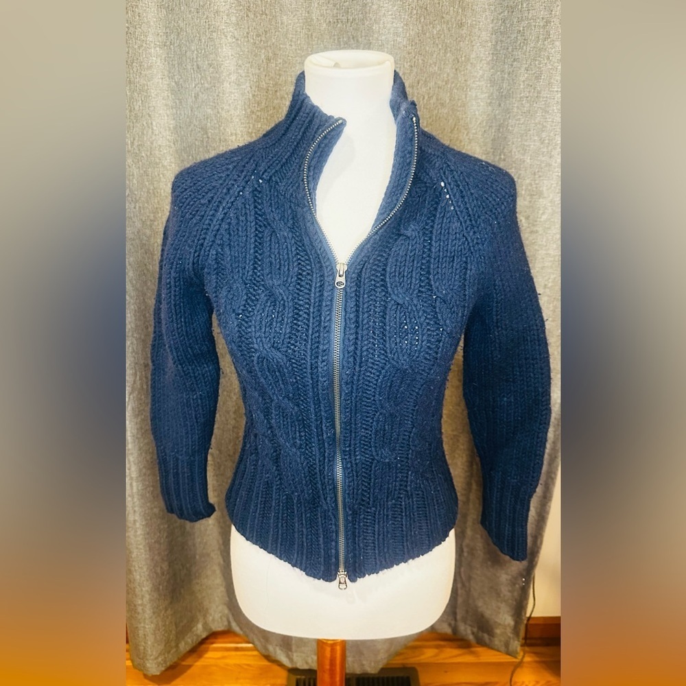 Abercrombie Wool Blend Cable Knit Zip Up Sweater | Navy | Size M